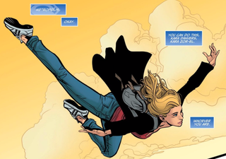This comic seems to borrow Kara’s flight style straight from the 80s film and that is absolutely a good thing. (Image: DC Comics)